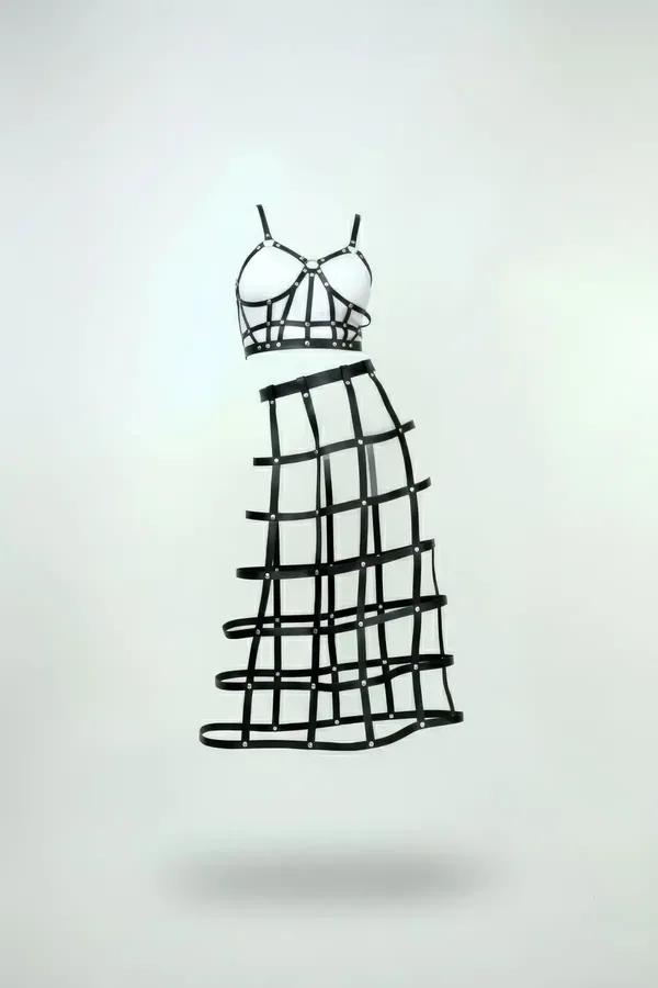 Caged Faux Leather Harness Crop Top & Midi Skirt Set
