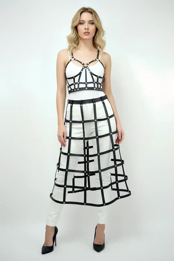 Caged Faux Leather Skirt & Matching Crop Top Harness Set