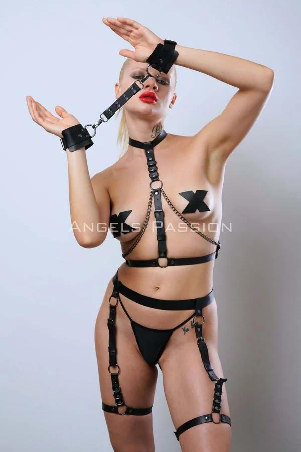Full Body Faux Leather Harness with Cuffs and Garter Skirt