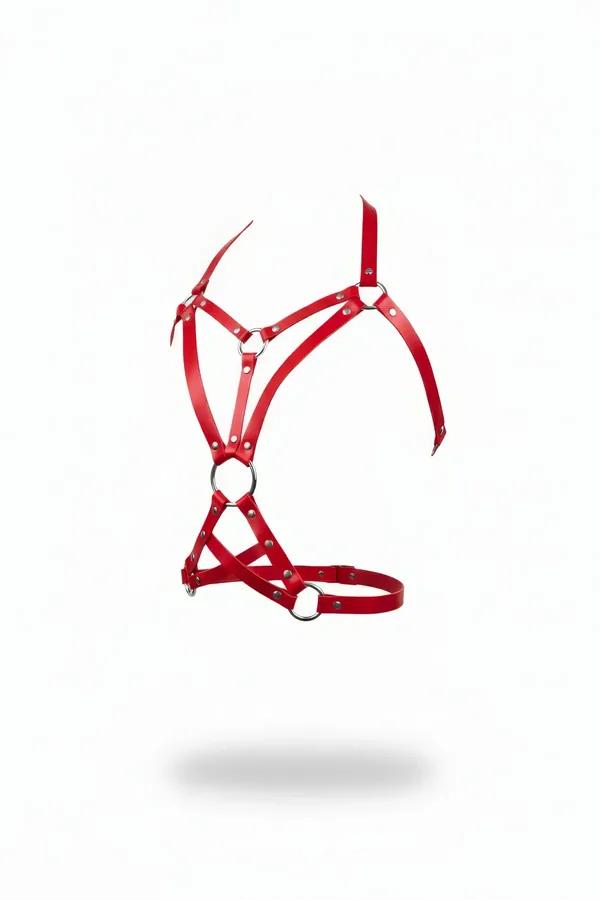 Strappy Red Faux Leather Body Harness with O-Ring