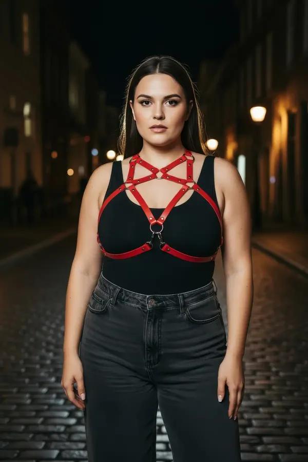 Red Faux Leather Chest Harness with O-Ring Detail
