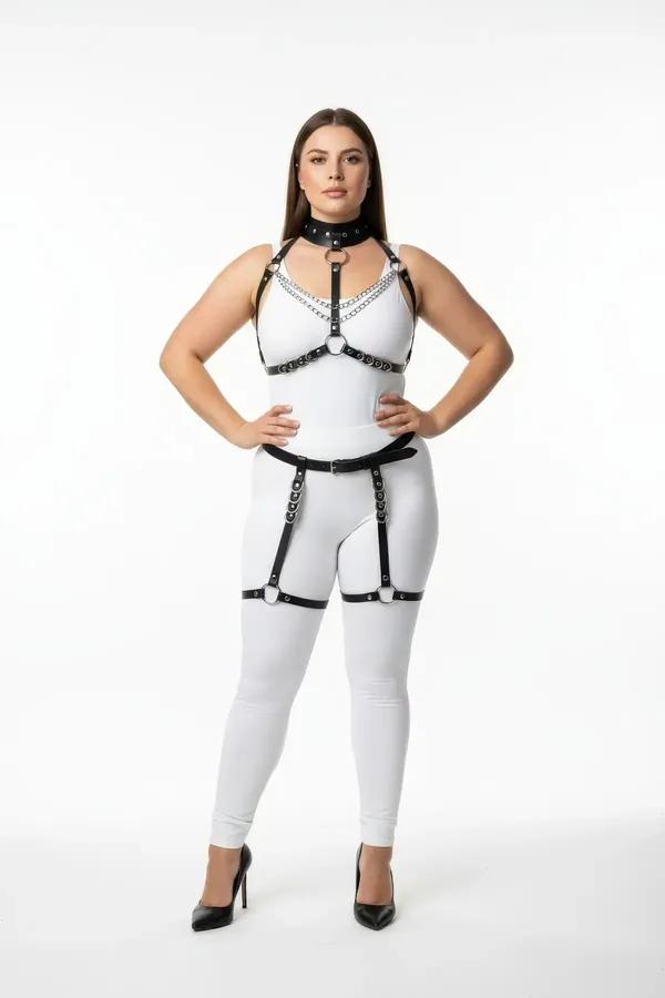 black faux leather full body harness set with O-ring choker, silver chest chains, underbust band, hip belt and thigh garter s