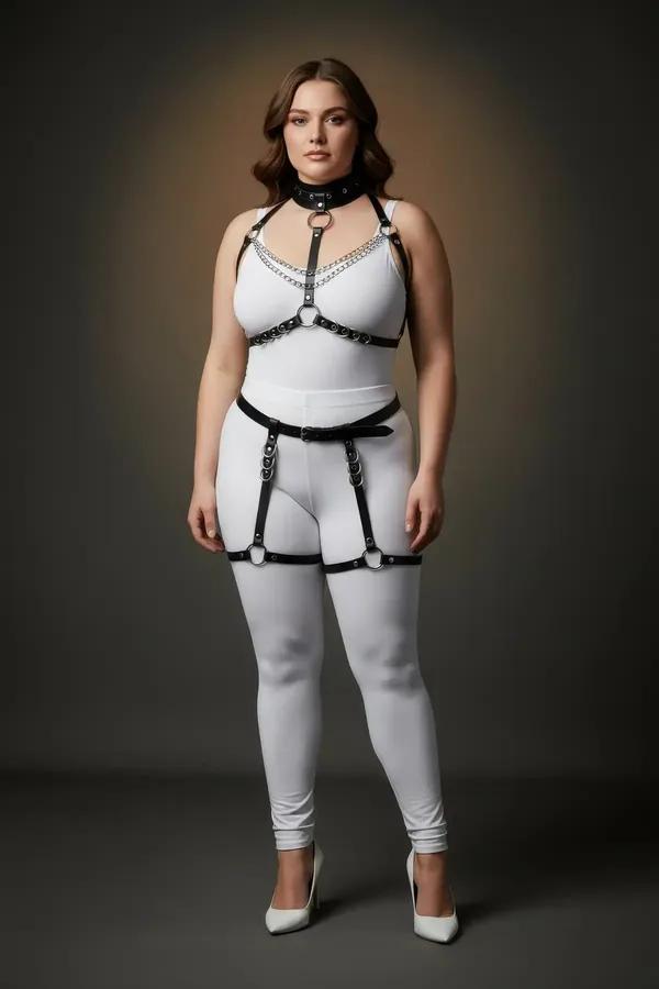 black faux leather full body harness set with O-ring choker, silver chest chains, underbust band, hip belt and thigh garter s