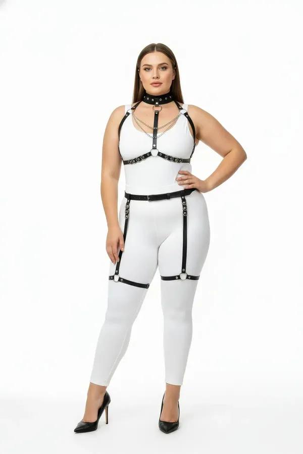 black faux leather full body harness set with silver chain chest harness, choker collar, hip belt, and thigh garter straps on