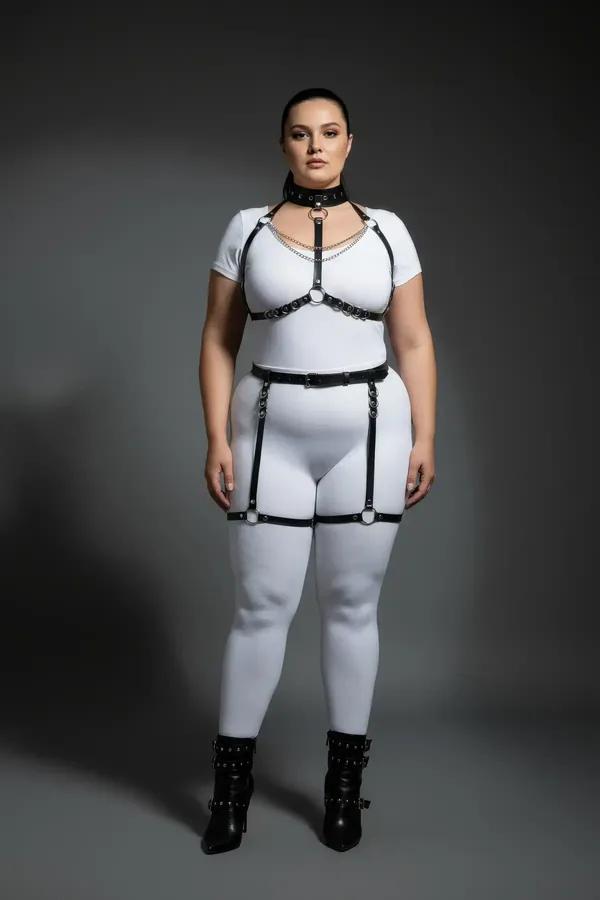 black faux leather full body harness set with silver chain chest harness, choker collar, hip belt, and thigh garter straps on