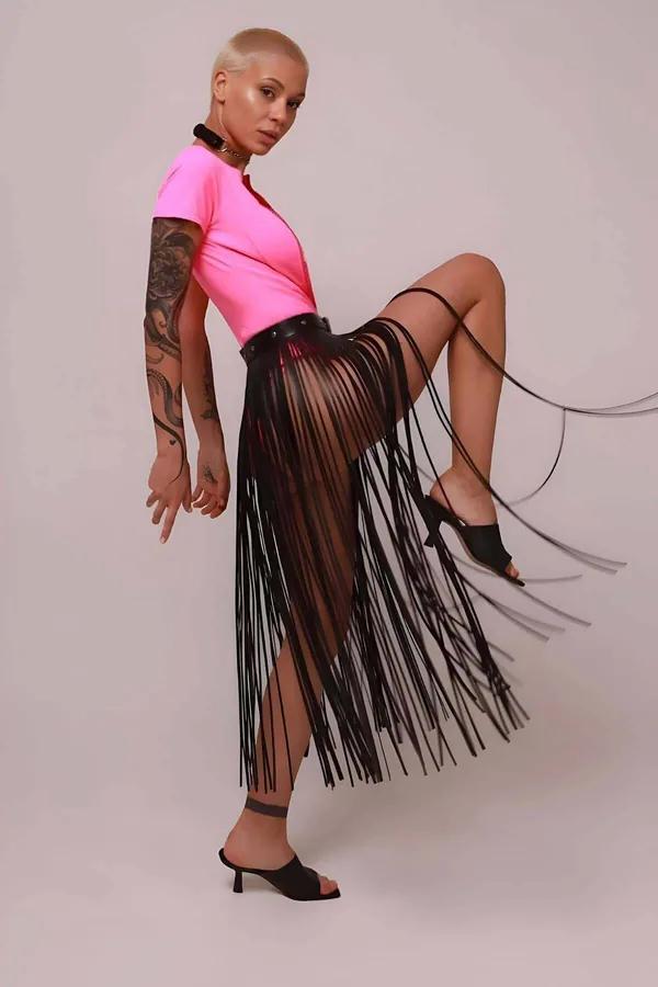 Faux Leather Fringe Skirt Overlay