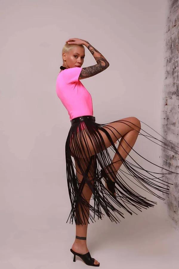 Faux Leather Fringe Skirt Overlay