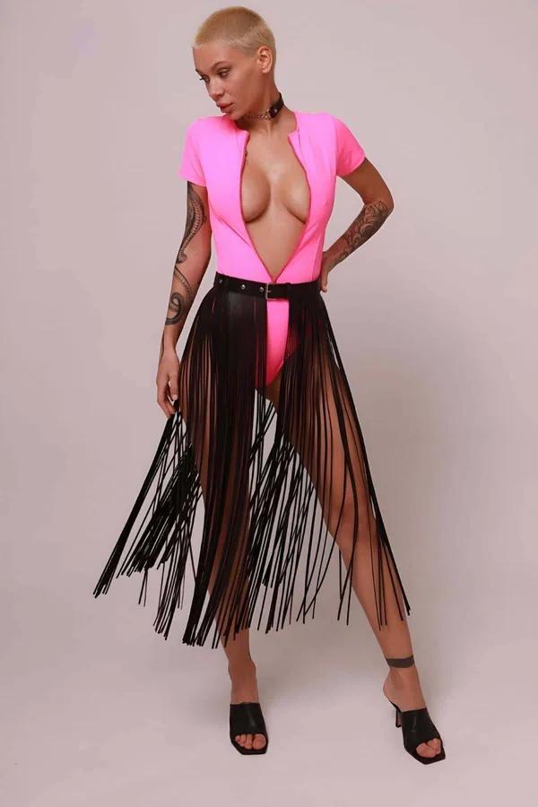 Faux Leather Fringe Skirt Overlay