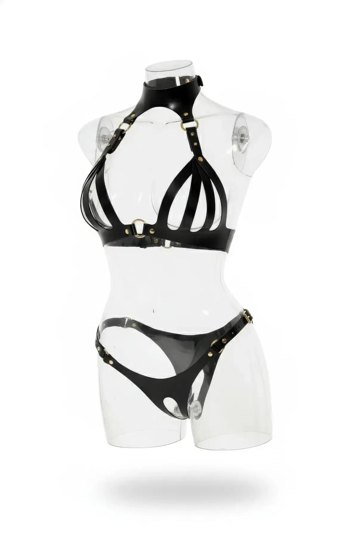 Black Faux Leather Caged Bra & Panty Harness Set