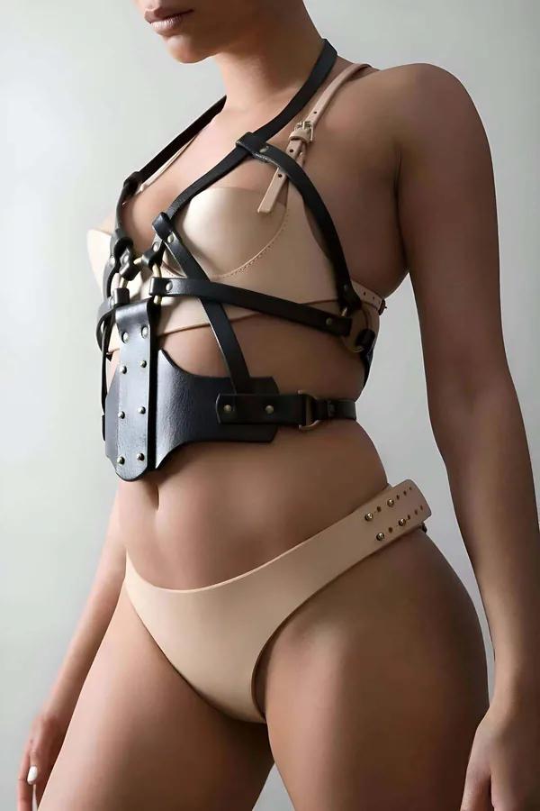 Studded Faux Leather Body Harness with O-Ring