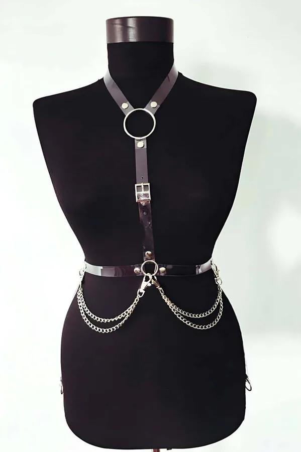Patent Faux Leather Chest Harness with O-Ring & Chains