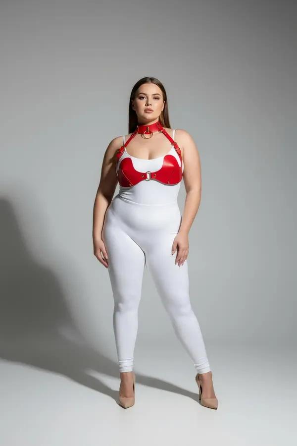 Red Faux Leather Chest Harness with O-Ring Choker