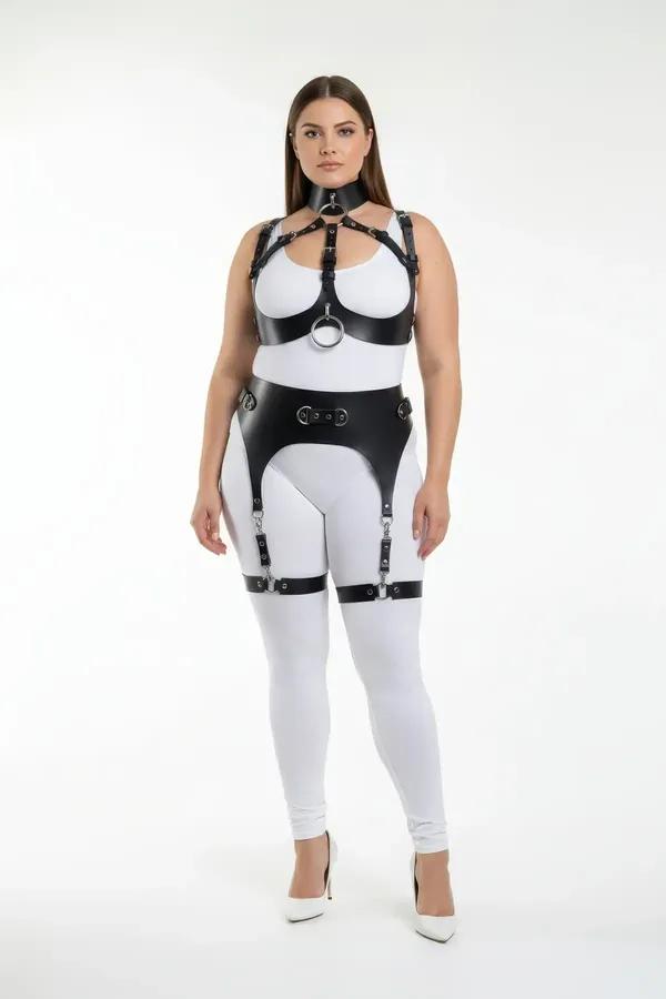 black faux leather full body harness with silver O-ring chest collar and garter thigh straps plus size model