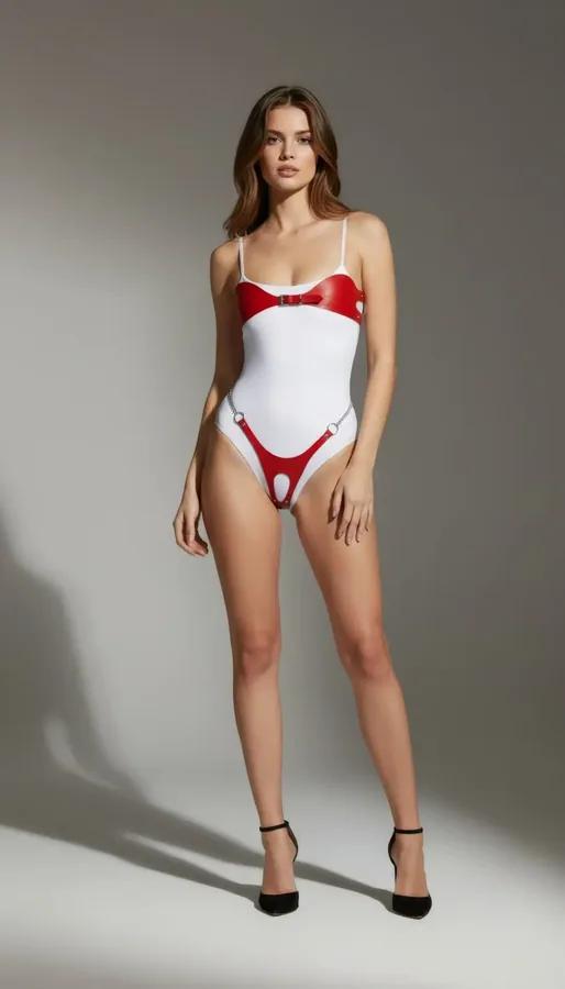 Vinyl Bodysuit with Red Bow Chest Harness