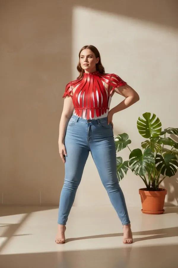Red Sculptural High-Neck Faux Leather Harness