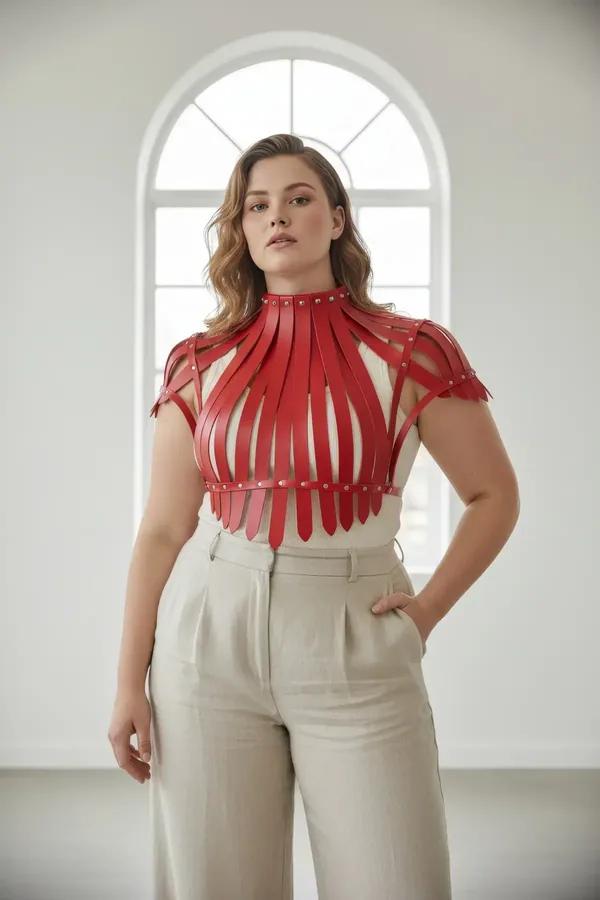 Red Sculptural High-Neck Faux Leather Harness