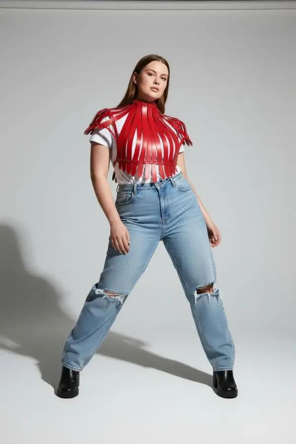 Red Sculptural High-Neck Faux Leather Harness