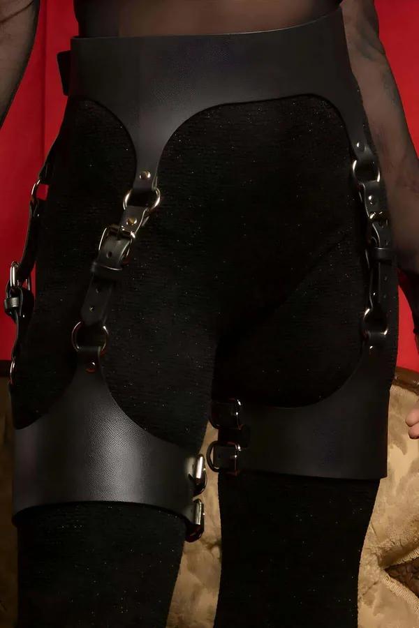 siyah vegan deri göğüs ve bacak harness takımı gümüş O-ring metal toka detaylı club giyim
