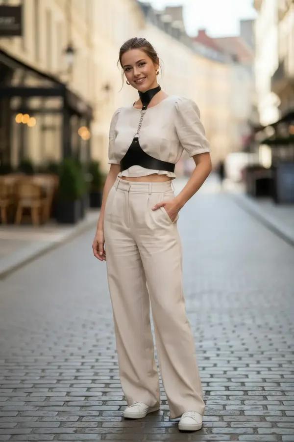 Siyah vegan deri zincir detaylı yüksek yaka underbust korse, gümüş O-halka ve boyun choker