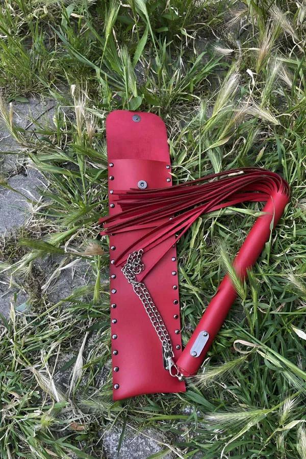 Red Faux Leather Fashion Flail with Studded Carry Pouch