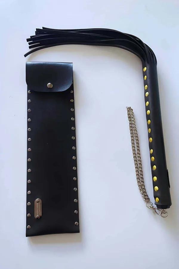 Studded Vegan Leather Cane with Detachable Chain & Pouch