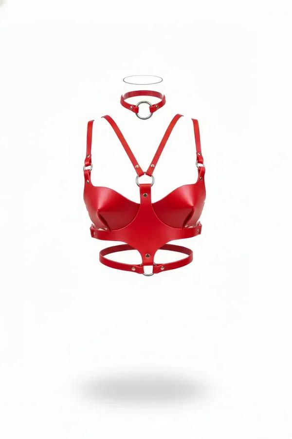Faux leather red harness bra featuring structured molded cups and a detached O-ring choker collar