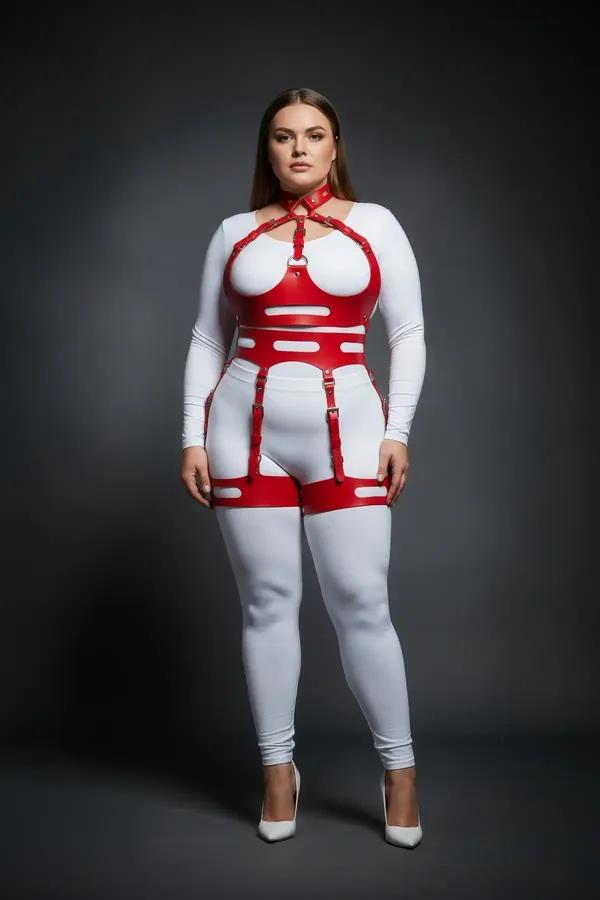 Red faux leather full body harness with gold hardware, chest cage frame, three waist bands, and garter thigh strap loops worn