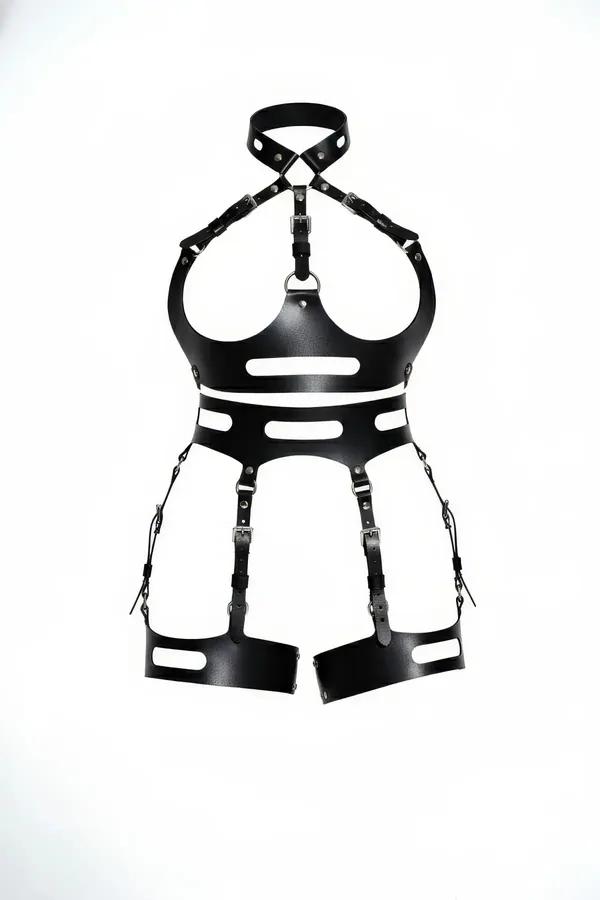 Full body black faux leather harness featuring an underbust frame, corset waist belt, and adjustable thigh garters