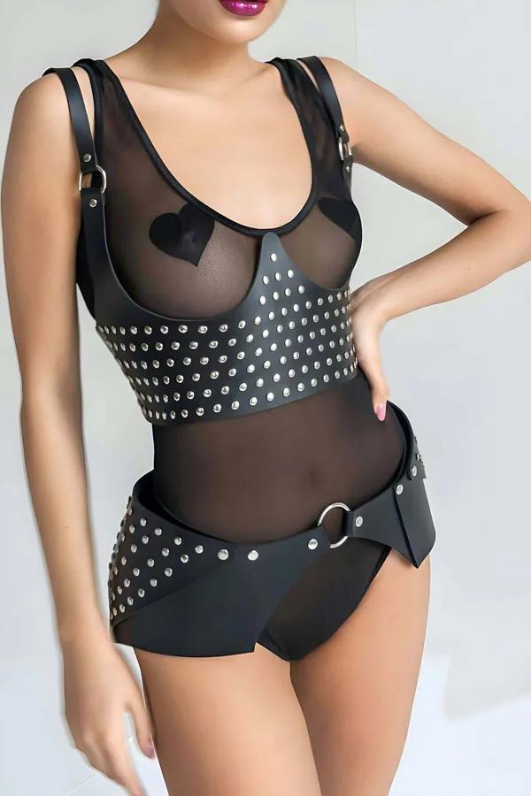 Studded Faux Leather Chest Harness and Skirt Belt Set