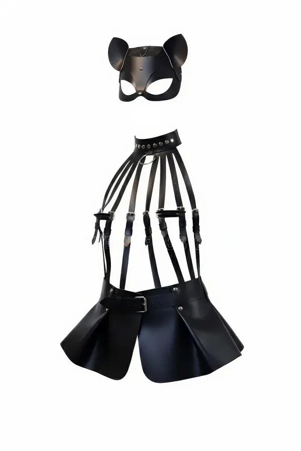 Studded Faux Leather Harness Skirt & Cat Mask Set