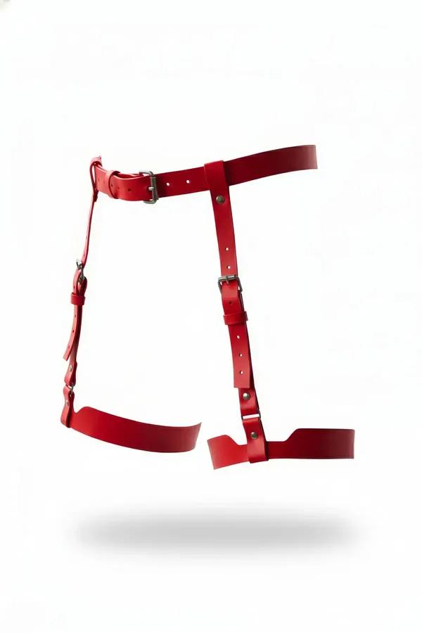 Adjustable two-leg garter harness in red faux leather featuring silver metal buckles and double thigh straps