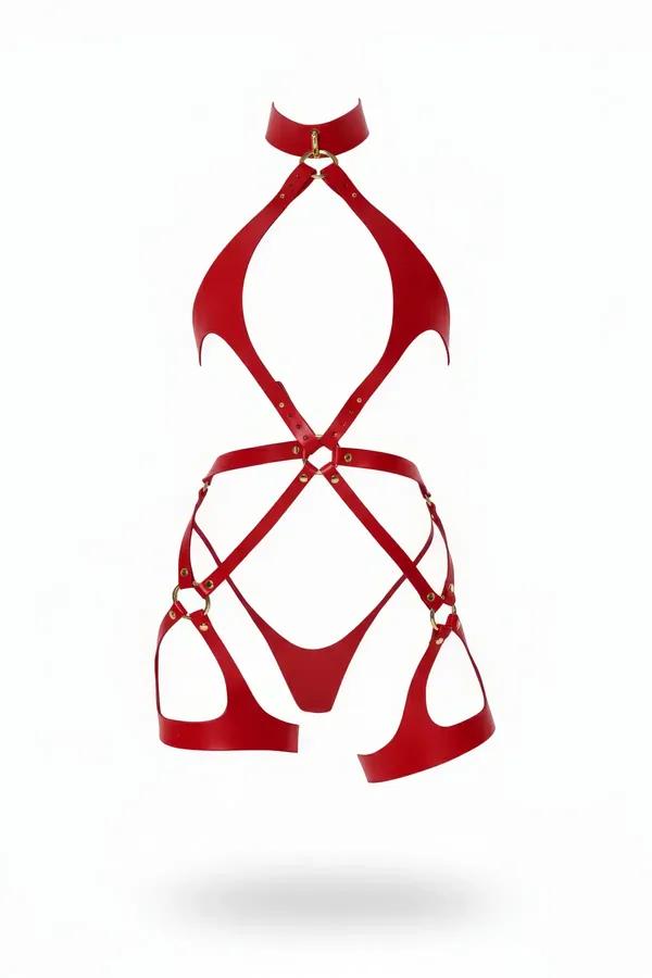kırmızı vegan deri harness takım altın metal halka boyunluk sütyen thong 3 parça