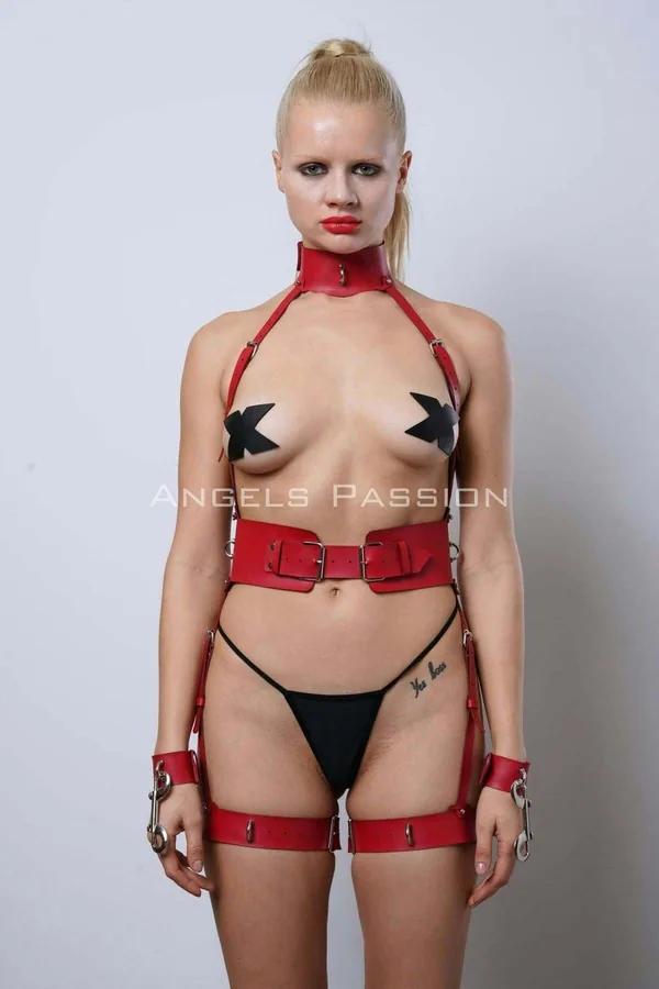 kırmızı vegan deri harness takım boyunluk geniş bel kemeri bacak bağı ve el kelepçesi gümüş toka set