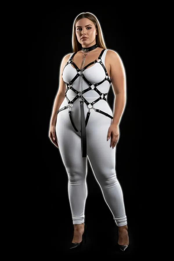 Black faux leather full body harness with silver chain, caged chest straps, O-ring collar, and front garter straps worn over