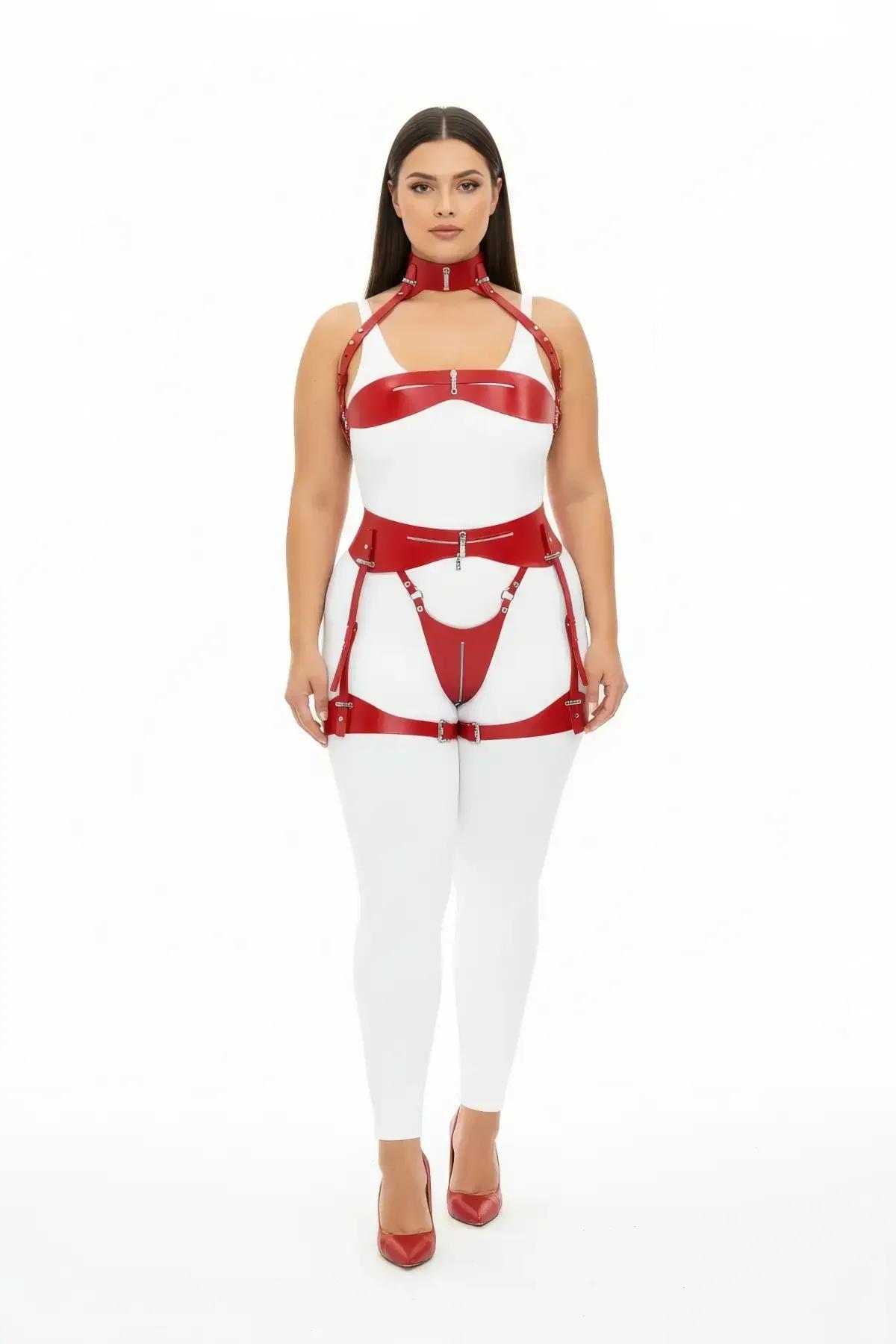 Red patent faux leather body harness and garter set with silver zip hardware and choker collar, front view on model