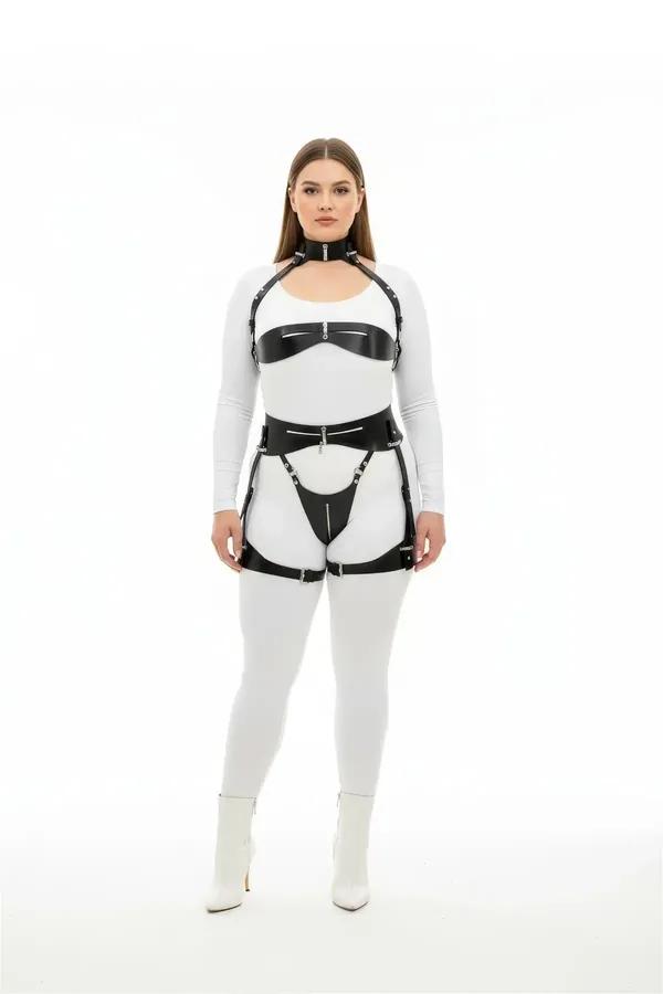 black faux leather full body harness with neck collar underbust chest band hip brief and garter straps silver hardware