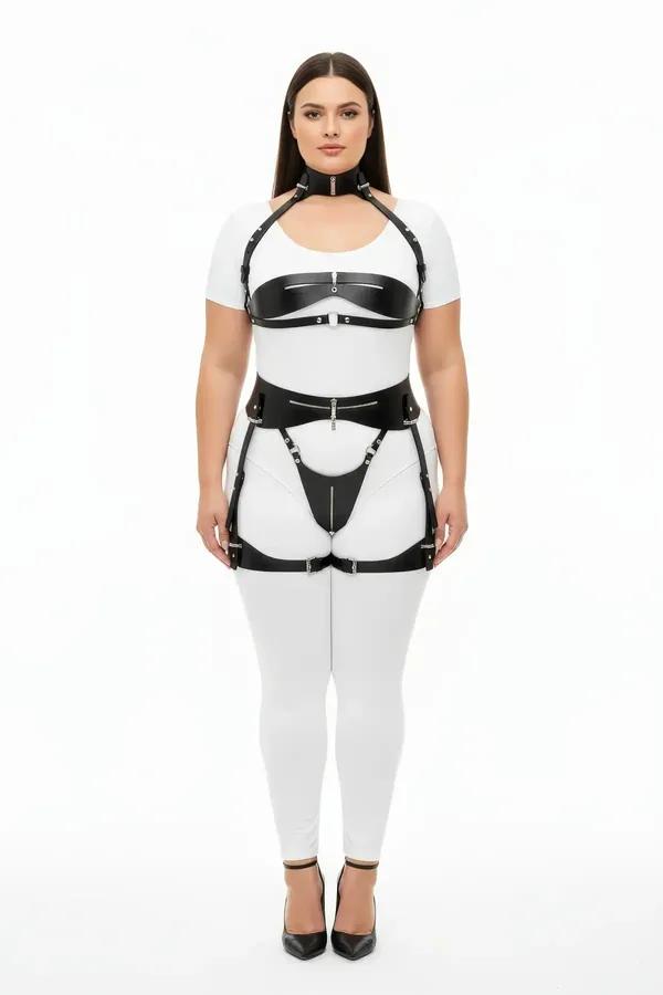 black faux leather full body harness with neck collar underbust chest band hip brief and garter straps silver hardware
