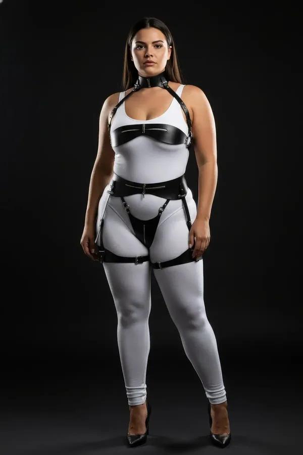 black faux leather full body harness with neck collar underbust chest band hip brief and garter straps silver hardware
