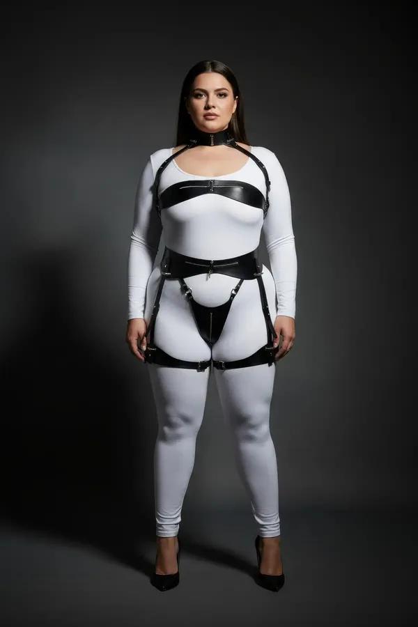 black faux leather full body harness with neck collar underbust chest band hip brief and garter straps silver hardware