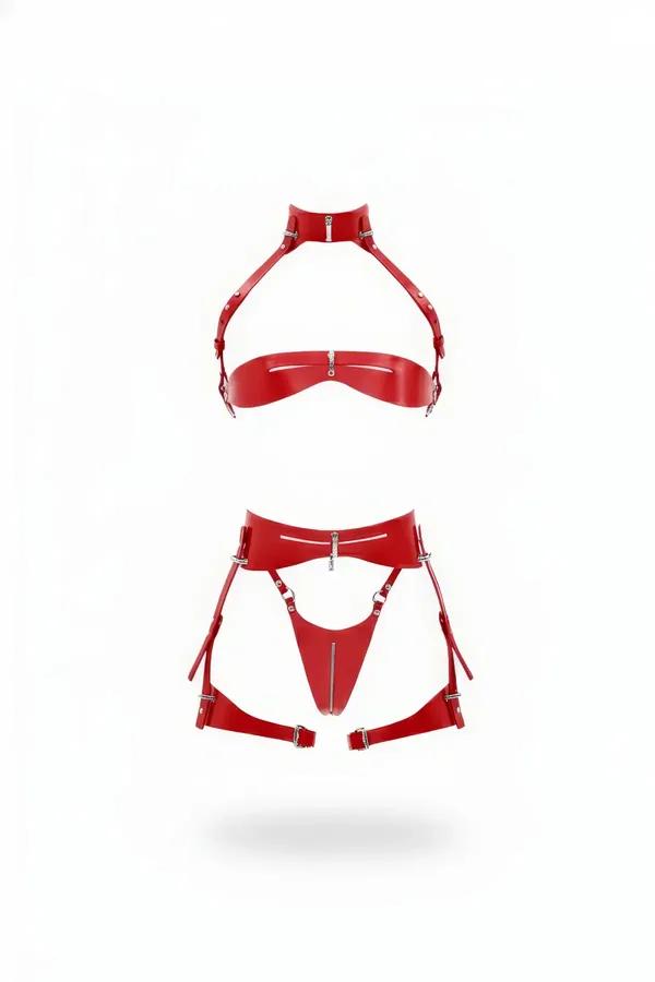 Faux leather body harness red bra and garter set featuring choker collar and functional silver zippers