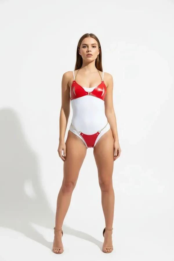 Red & White Faux Leather Bodysuit Harness with Chain Detail
