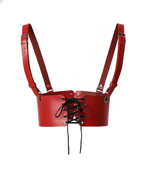 red faux leather underbust harness with black lace-up front closure and adjustable silver-tone buckle shoulder straps