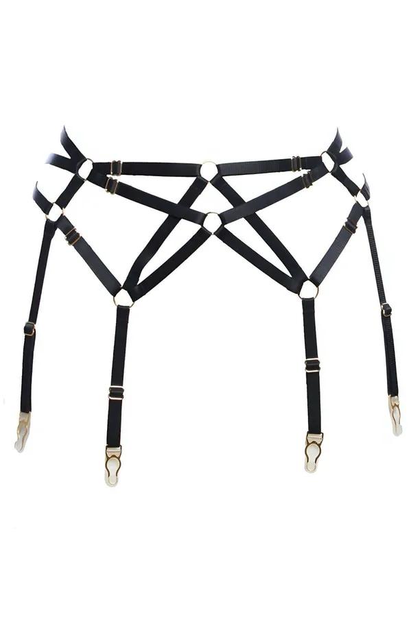 siyah çapraz lastik harness jartiyer altın metal halkalar ve 4 jartiyer klipsi geometrik X desen