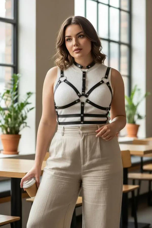 black faux leather caged chest harness with choker and silver O-rings worn over white tank top street style