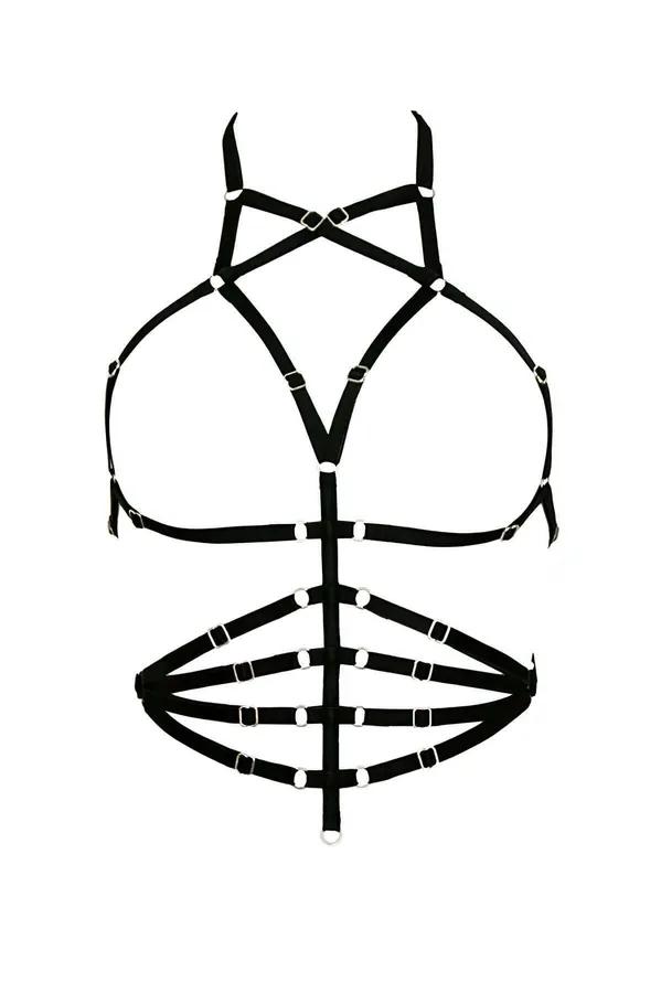 Siyah lastik bantlı göbek üstü çok sıralı harness altın metal toka detayı ve transparan tül panel