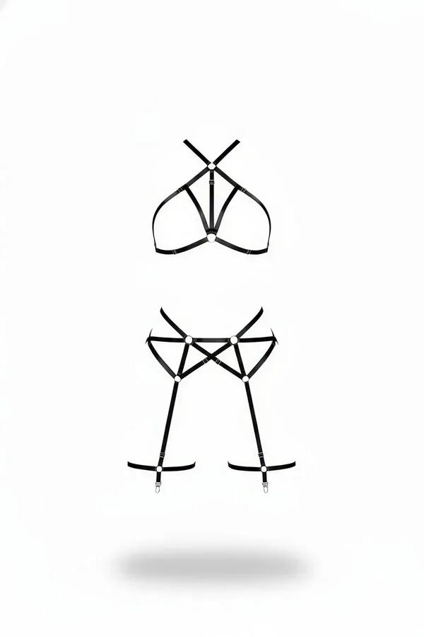 black faux leather caged halter neck harness bra and thigh harness set with silver O-rings and garter clips laid flat