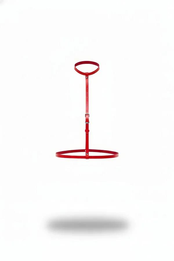 red faux leather minimalist body harness with round choker loop, single vertical strap and oval waist band on white backgroun