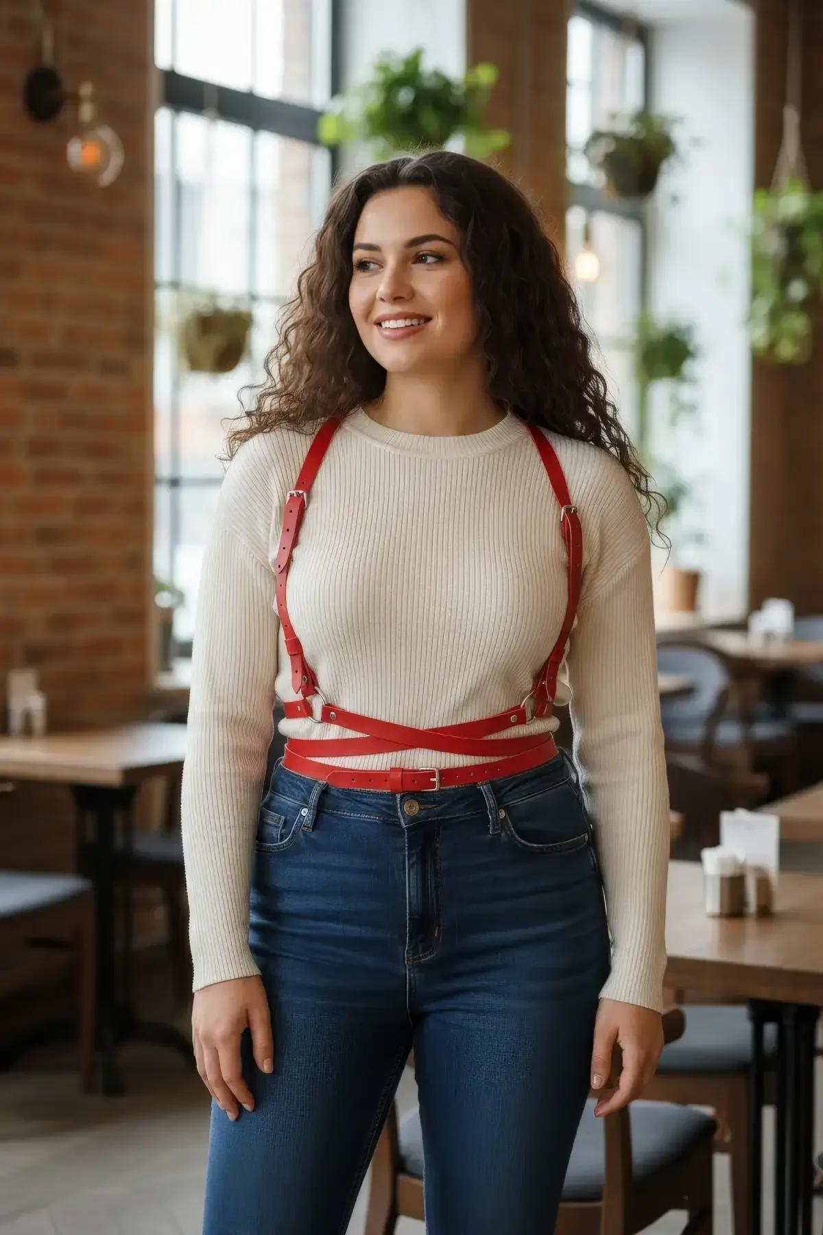 red faux leather criss-cross body harness with silver buckles worn over cream sweater