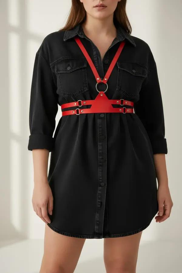 Red Faux Leather Chest Harness with O-Ring & Buckles