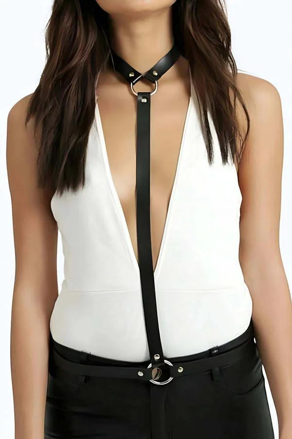Faux Leather Body Harness with O-Ring Choker